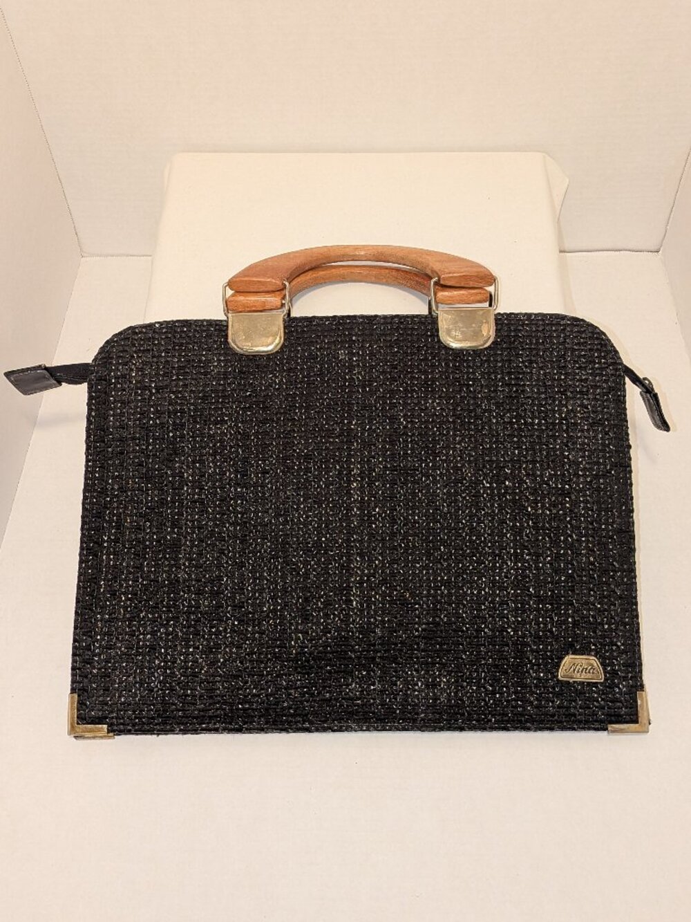 Nina Black Briefcase Style Wooden Handles Gold Tone Hardware Weaved 3 Pockets